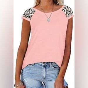 Womens Leopard Short Sleeve T Shirts Dressy Casual Blouses Round Neck Tunic XL